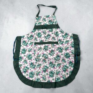 Vintage Floral Ruffle Apron Green Bow Pocket Cottagecore Kitchen Hostess
